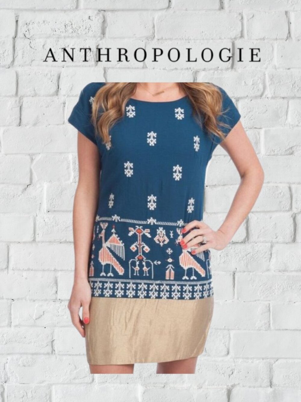 Floreat Anthropologie Embroidered Folk-Art Mini Blue and Gold Dress Size 10